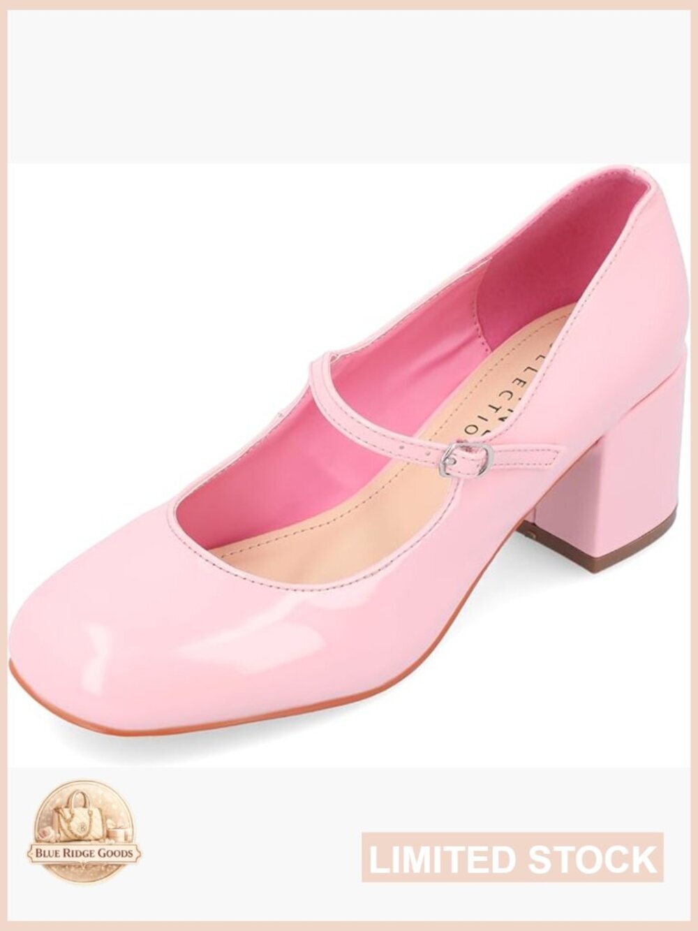 Low Heel Square Toe Pumps with Block Heel & Buckle Strap